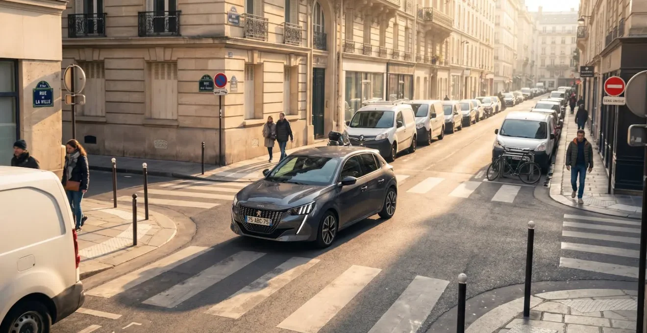 Petite citadine blanche circulant dans une rue urbaine étroite de Lyon entre des voitures stationnées, avec des immeubles haussmanniens en arrière-plan sous une lumière matinale douce