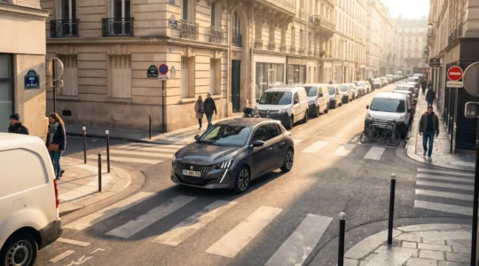 Petite citadine blanche circulant dans une rue urbaine étroite de Lyon entre des voitures stationnées, avec des immeubles haussmanniens en arrière-plan sous une lumière matinale douce