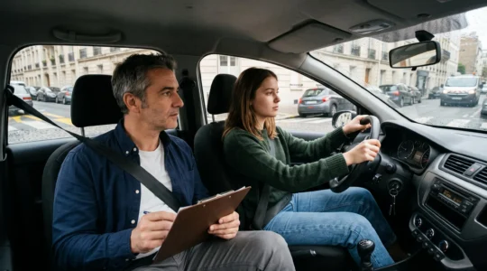 Jeune élève conductrice apprenant à conduire accompagnée de son moniteur d'auto-école dans un véhicule à double commande