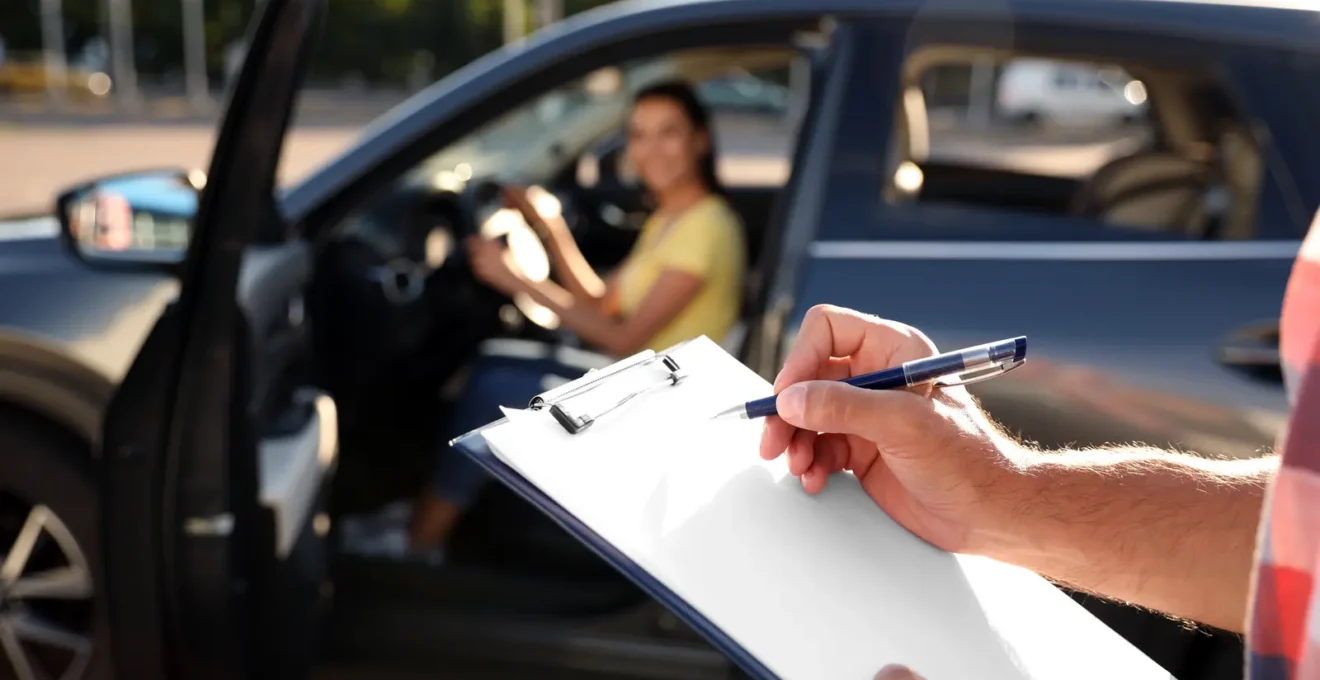 Candidat passant l'examen pratique du permis de conduire en présence d'un examinateur officiel qui évalue sa conduite